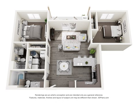 Floor plan for 2 beds, 2 baths, 935 sqft